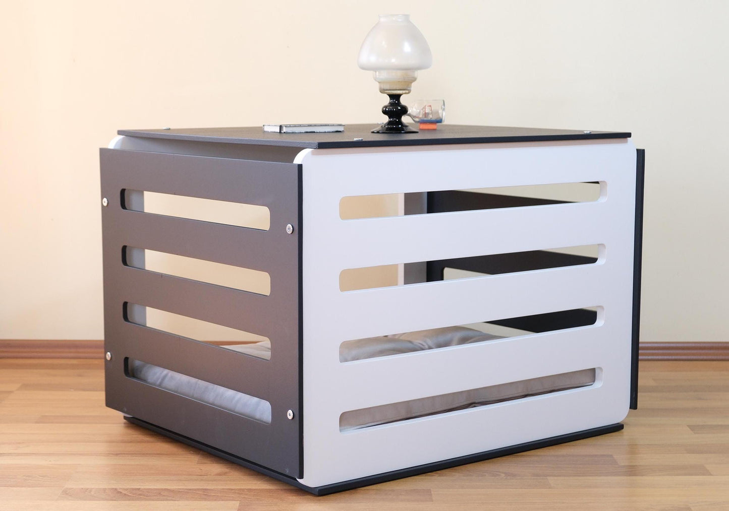 Modern Black Wooden Dog House: Indoor Pet Crate with Cushion