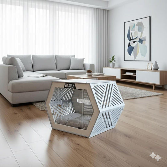 Wooden Dog House: Modern Indoor Pet House, Gray Cushion