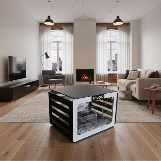 Modern Black Wooden Dog House: Indoor Pet Crate with Cushion