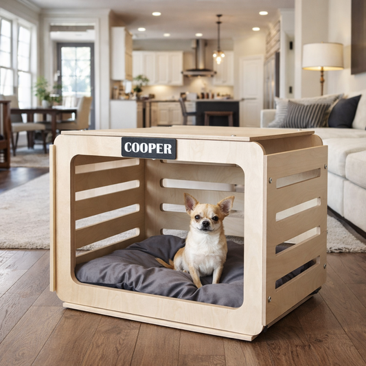 Modern Wooden Dog House: Pet Crate with Cushion